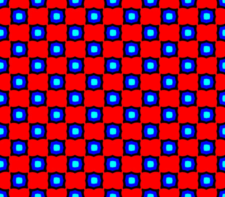 Abstract seamless black background with red flowers and blue squares with blue stroke lined in rows...