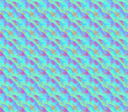 Abstract seamless pattern of blue and pink and green spots and waves are scattered across rows of...