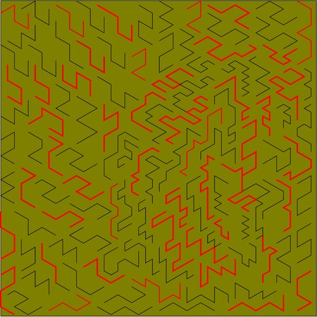 Abstract olive background black and red curves lines and zigzags and figures placed around the drawingのイラスト素材