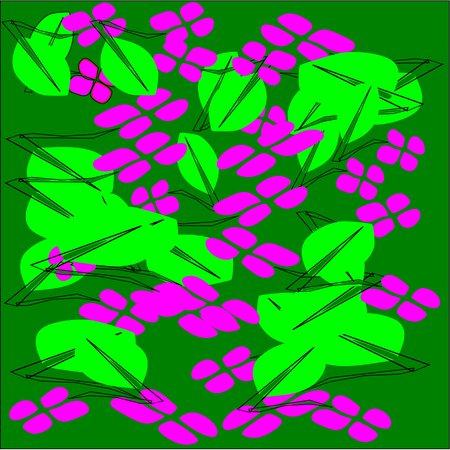 Abstract green background of pink flower petals and green leaves with long cuttings scattered and superimposed throughout the drawingのイラスト素材