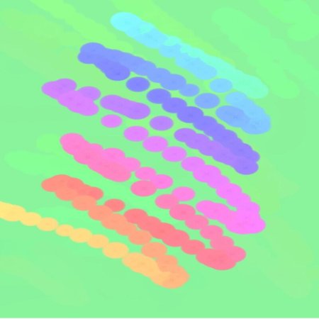 Abstract background of spots of blue and green and pink and yellow spreading paint light and dark throughout the drawingのイラスト素材