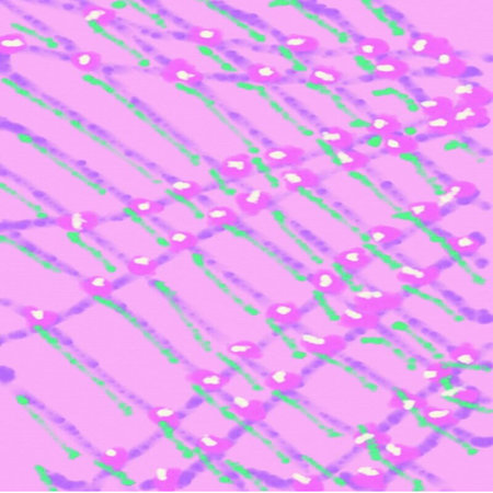 Abstract pink pink flowers background with white on blue and green branches with squares throughout...