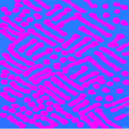 Abstract background of blue and pink spots and curved bands of flowing paint throughout the drawingのイラスト素材