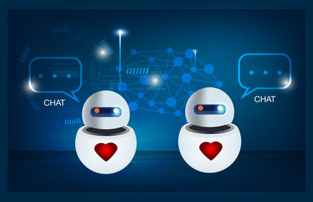 2 bot Conversation method illustrations. Artificial intelligence chatbot, chatbot and brain circuit lines dark blue background illumination.のイラスト素材