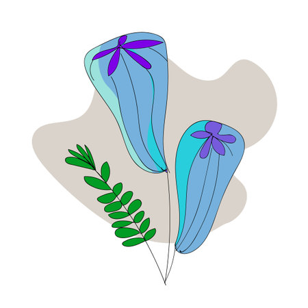 Hand drawn vector illustration of a blue crocus flower with green leaves.のイラスト素材