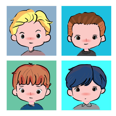 set of cute anime boy face free style color fashionのイラスト素材