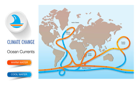 Map of the world with a route to the ocean. Climate change Ocean Currents warm cool water in the worldのイラスト素材