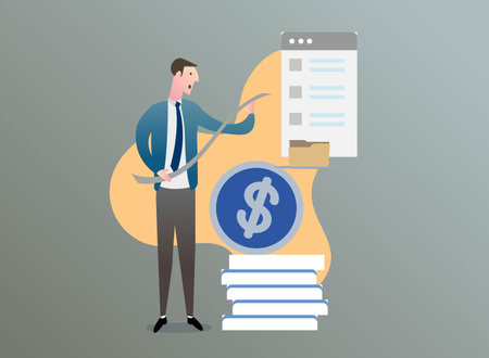 Businessman holding a pen and pointing at the dollar sign. Vector illustrationのイラスト素材