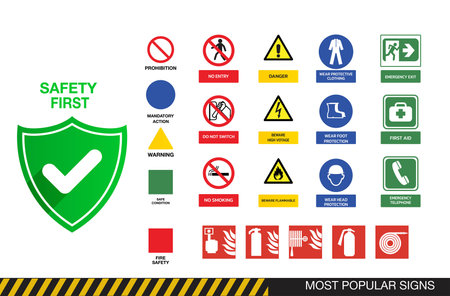 safety signs , prohibition, mandatory action, warning, safe condition, fire Safety signsのイラスト素材