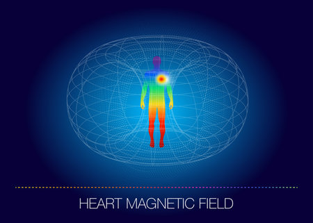 Human body anatomy on blue background with heartâs magnetic field table with a diagram of a person's emotional states.のイラスト素材