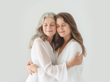 Portrait of happy mother and daughter hugging each other on white backgroundの素材