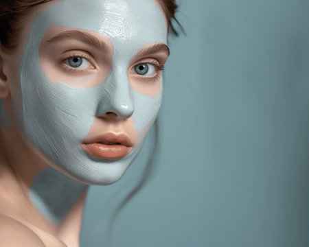 Portrait of a beautiful young woman with a blue cosmetic mask on her faceの素材