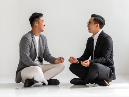 Two asian business men meditating on white background. Business concept.の素材