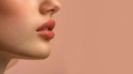 Beautiful young woman's lips on a pink background. Close-up.の素材