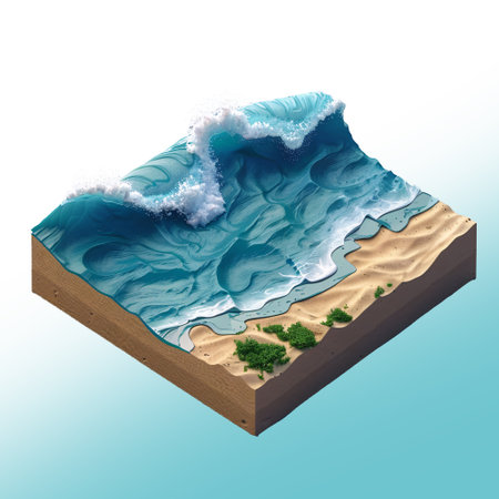 Isometric 3D illustration of a beach with sand and ocean wavesの素材