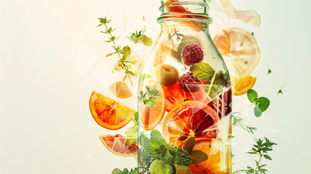 Variety of citrus fruit infused water in a glass bottle. Refreshing summer homemade lemonade, cocktail or mocktail.の素材