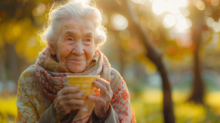 Elderly woman with cup of tea in the autumn park.の素材