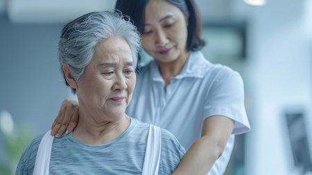 senior asian woman suffering from neck pain while exercising with physiotherapistの素材