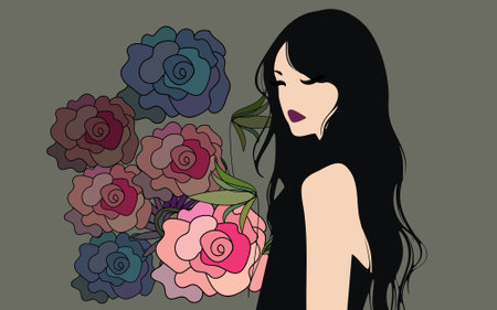 Beautiful girl with a bouquet of flowers. Vector illustration.のイラスト素材