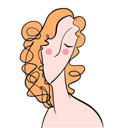 Beautiful girl with long curly hair. Hand drawn vector illustration.のイラスト素材