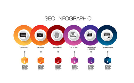 Infographic 6 step SEO and road map for business chart to present data, progress, direction, clean designのイラスト素材