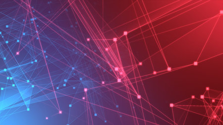 Abstract red blue polygon tech network with connect technology background. Abstract dots and lines...
