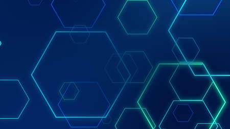 Hexagon geometric blue neon lights technology Hi-tech dark background. Abstract graphic digital future science concept design.の写真素材