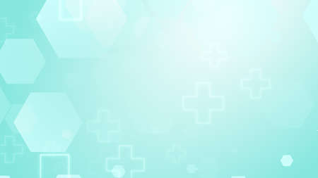 Hexagon cross geometric blue green pattern medical bright background. Abstract graphic design technology and science concept.の写真素材