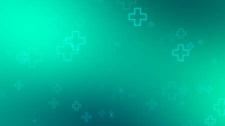 Medical health blue green cross neon light shapes pattern background. Abstract healthcare technology and science concept.の写真素材