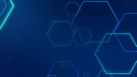 Hexagon geometric blue neon lights technology Hi-tech dark background. Abstract graphic digital future science concept design.の写真素材