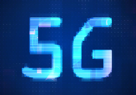 5G Network Internet Mobile icon technology blue background. Abstract digital machine learning with...