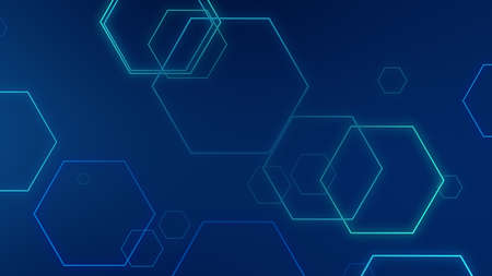 Hexagon geometric blue neon lights technology Hi-tech dark background. Abstract graphic digital future science concept design.の写真素材