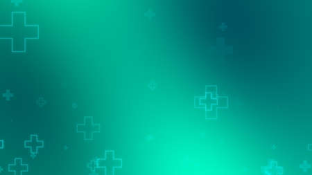 Medical health blue green cross neon light shapes pattern background. Abstract healthcare technology and science concept.の写真素材