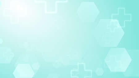 Hexagon cross geometric blue green pattern medical bright background. Abstract graphic design technology and science concept.の写真素材