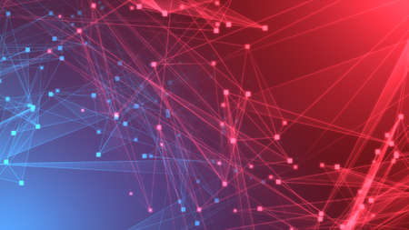 Abstract red blue polygon tech network with connect technology background. Abstract dots and lines texture background. 3d rendering.の写真素材