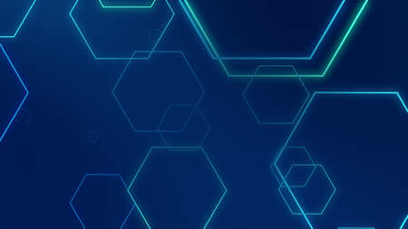 Hexagon geometric blue neon lights technology Hi-tech dark background. Abstract graphic digital future science concept design.の写真素材