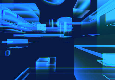 Cyber blue isometric neon city virtual reality background. Abstract technology innovation future digital background. 3d rendering.の写真素材