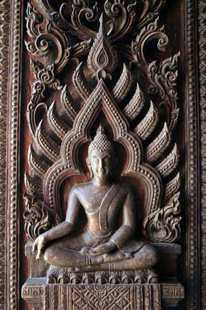 Wood Buddha Door, Thailandの写真素材