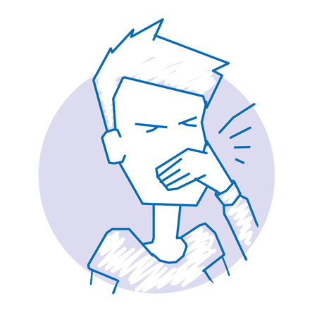 The man sneezes and covers her mouth. Icon on medical subjects. Illustration of a funny cartoon styleのイラスト素材