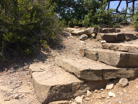 A path made of natural stone lined with a ladder leading upwards