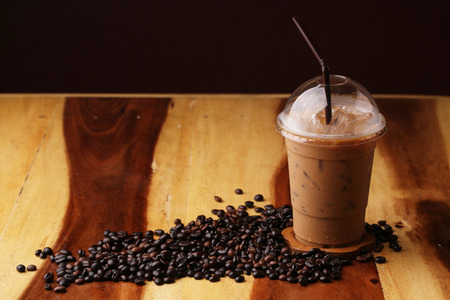 ice espresso on wood floorの写真素材