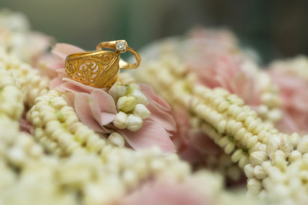 Gold ring , Wedding ring,Diamond ring on the flowers.の写真素材