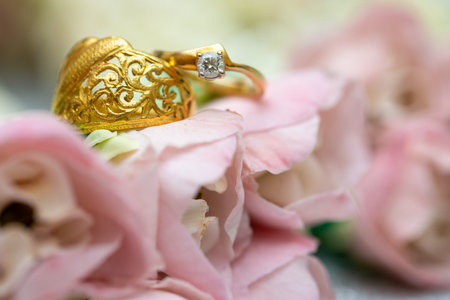 Gold ring , Wedding ring,Diamond ring on the flowers.の写真素材