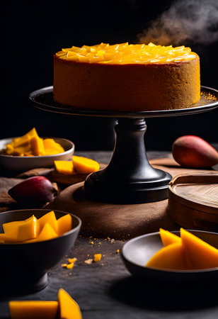 Delicious mango cake on a black background with ingredients around.の素材