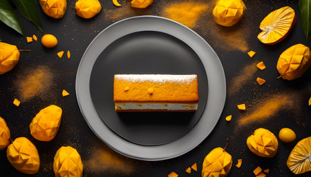 Delicious mango cake on a black background with ingredients around.の素材