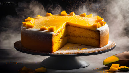 Delicious mango cake on a black background with ingredients around.の素材
