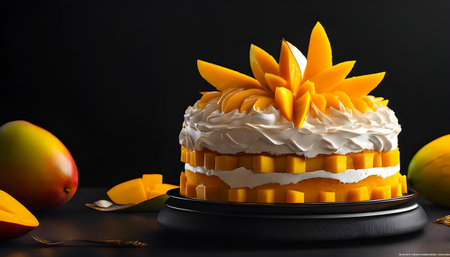 Delicious mango cake on a black background with ingredients around.の素材