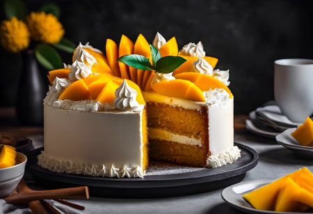 Delicious mango cake on a black background with ingredients around.の素材