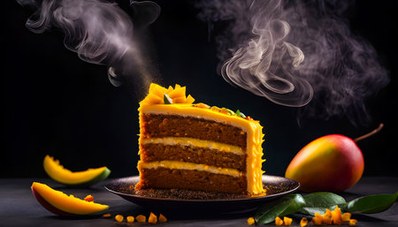 Delicious mango cake on a black background with ingredients around.の素材