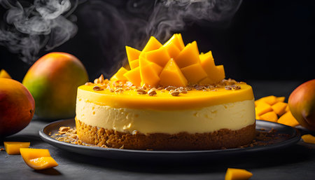 Delicious mango cake on a black background with ingredients around.の素材